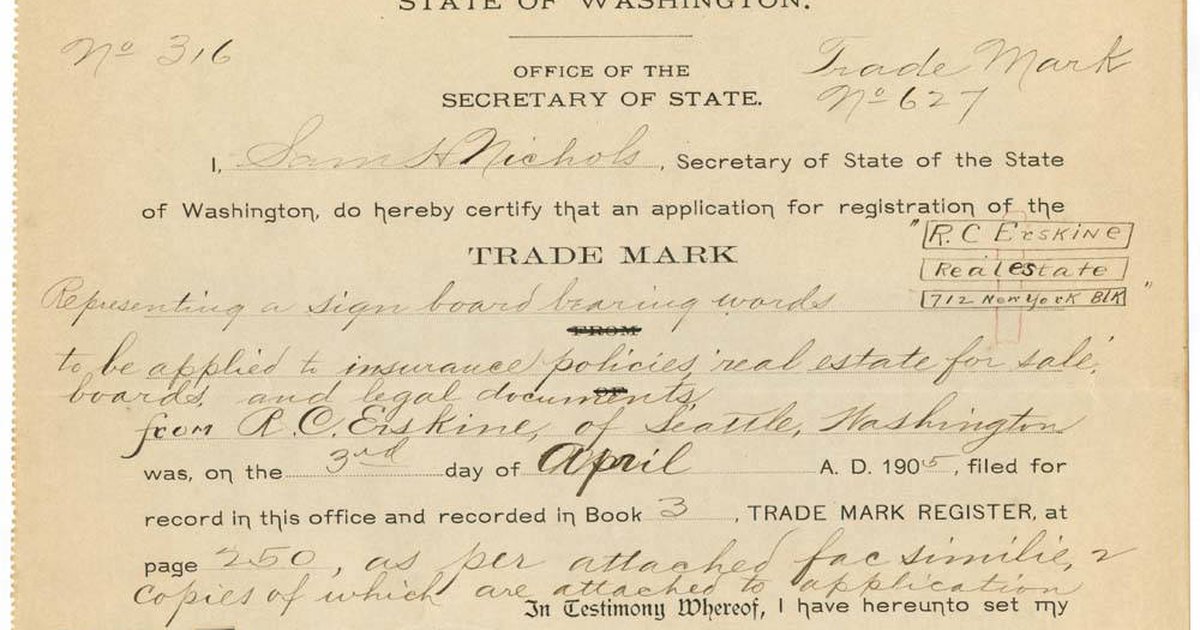 Application for Registration of Trademark by RC Erskine, May 17, 1905 (MOHAI 12452)